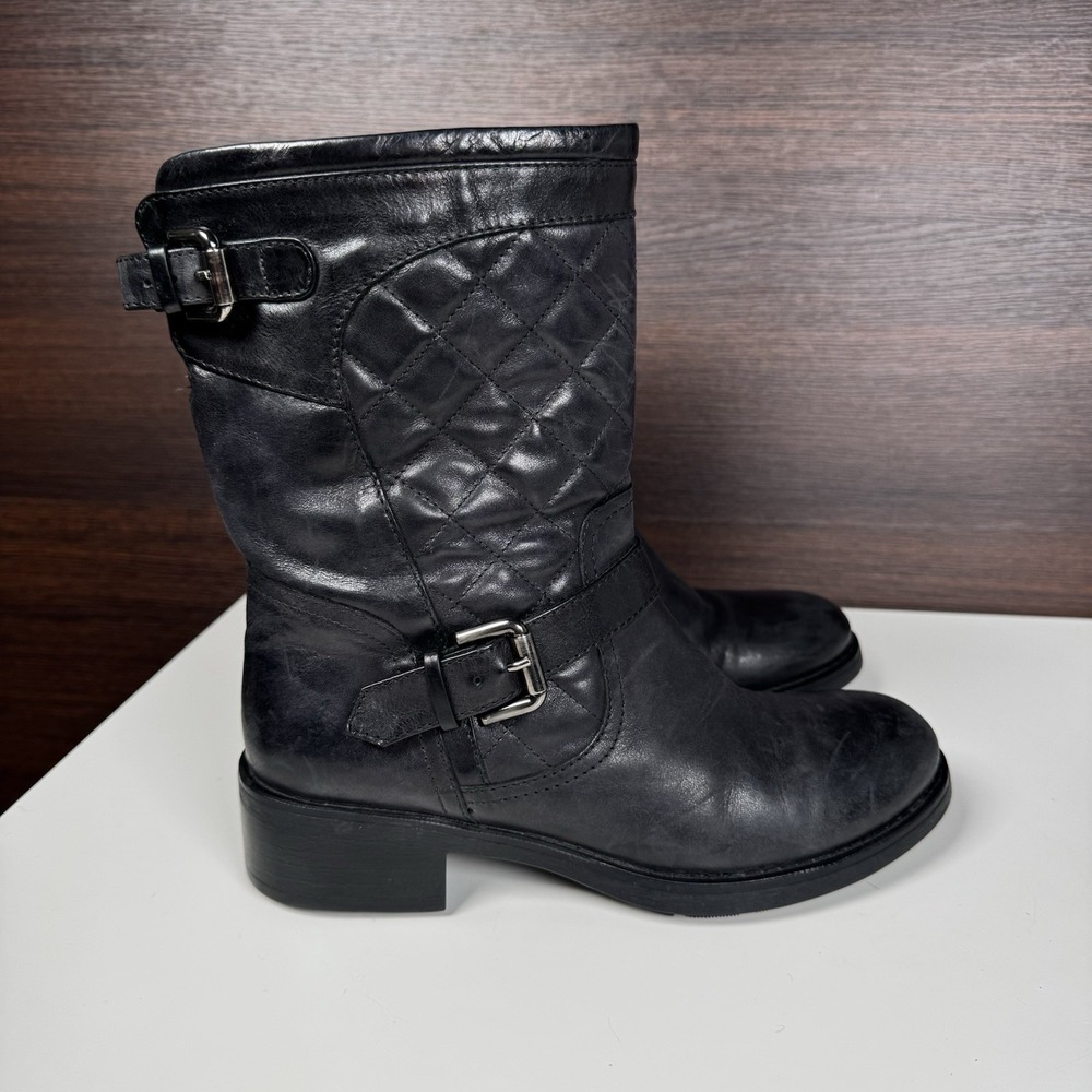 Aquatalia Boots Womens Size 7 Black Leather Quilted Biker Mid Calf Buckle -Italy - Picture 4 of 11